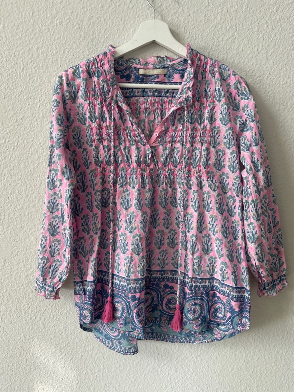 Lola Australia Boho Block Print Floral Long Sleeve Tassel Shirt Size XS